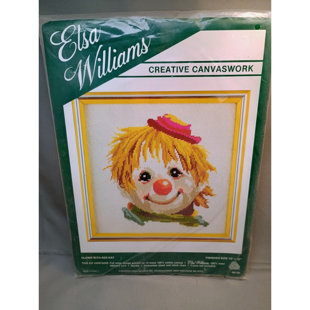 Vtg‎ Elsa Williams Creative Canvaswork Clown w/ Red Hat 10x10 Cross Stitch Kit